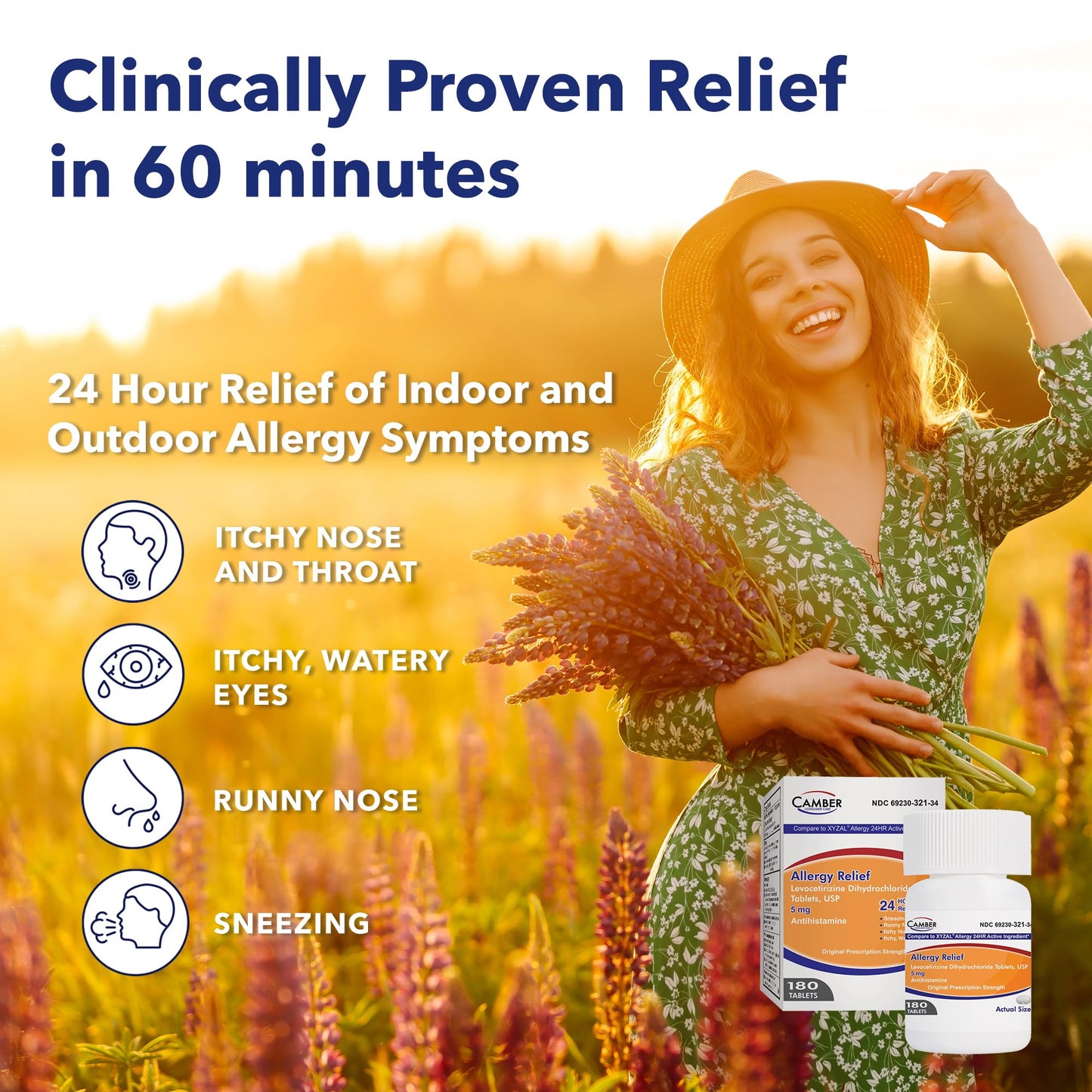 Camber Consumer Care Levocetirizine Dihydrochloride 5mg Tablets – All-Day Allergy Relief (180 Count)