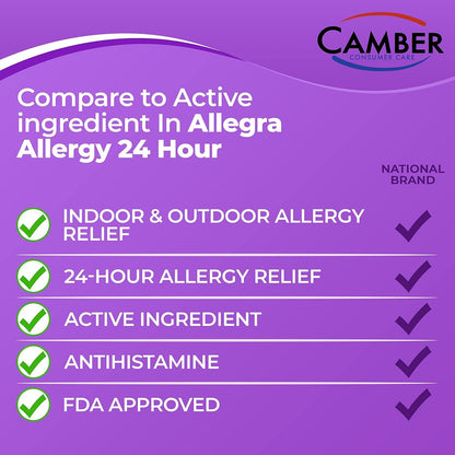 Camber Fexofenadine 24-Hour Non-Drowsy Allergy Relief - 100 Tablets