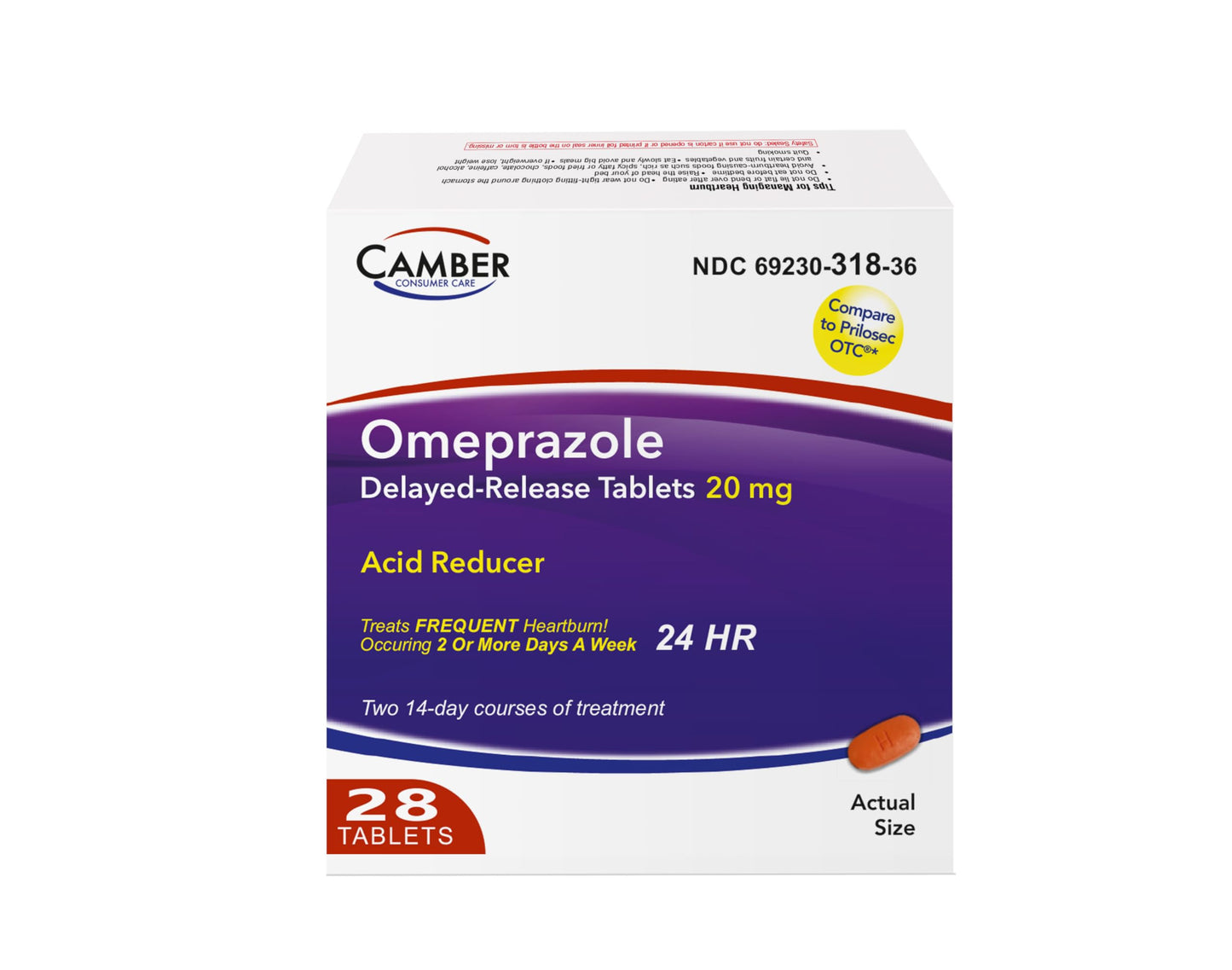 Camber Omeprazole 20mg Delayed-Release Tablets | 28-Count Heartburn Relief