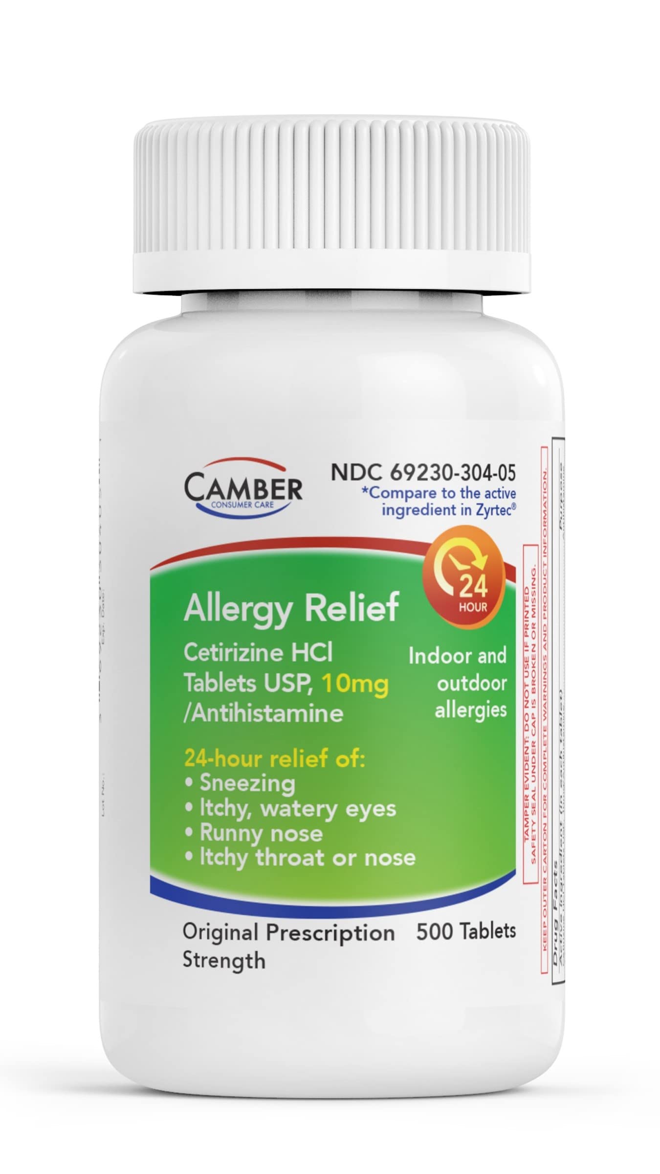 CAMBER PHARMACEUTICALS Cetirizine HCI 10mg – 24-Hour Allergy Relief (500 Count)