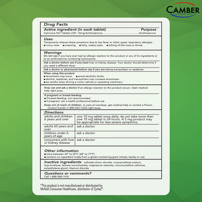CAMBER PHARMACEUTICALS Cetirizine HCI 10mg – 24-Hour Allergy Relief (500 Count)