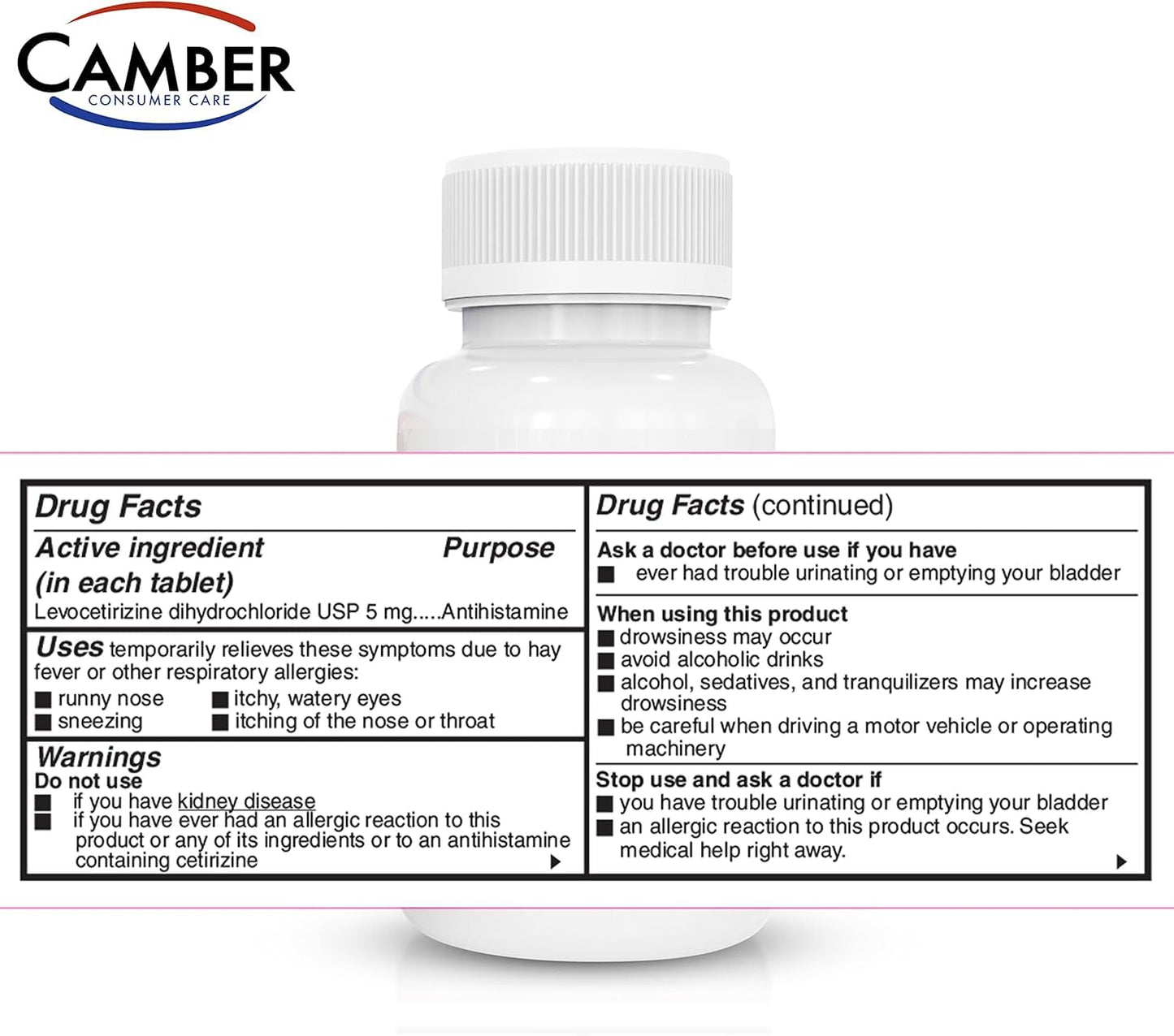 Camber Consumer Care Levocetirizine Dihydrochloride 5mg Tablets – 24-Hour Allergy Relief (80 Count) Compare to Xyzal