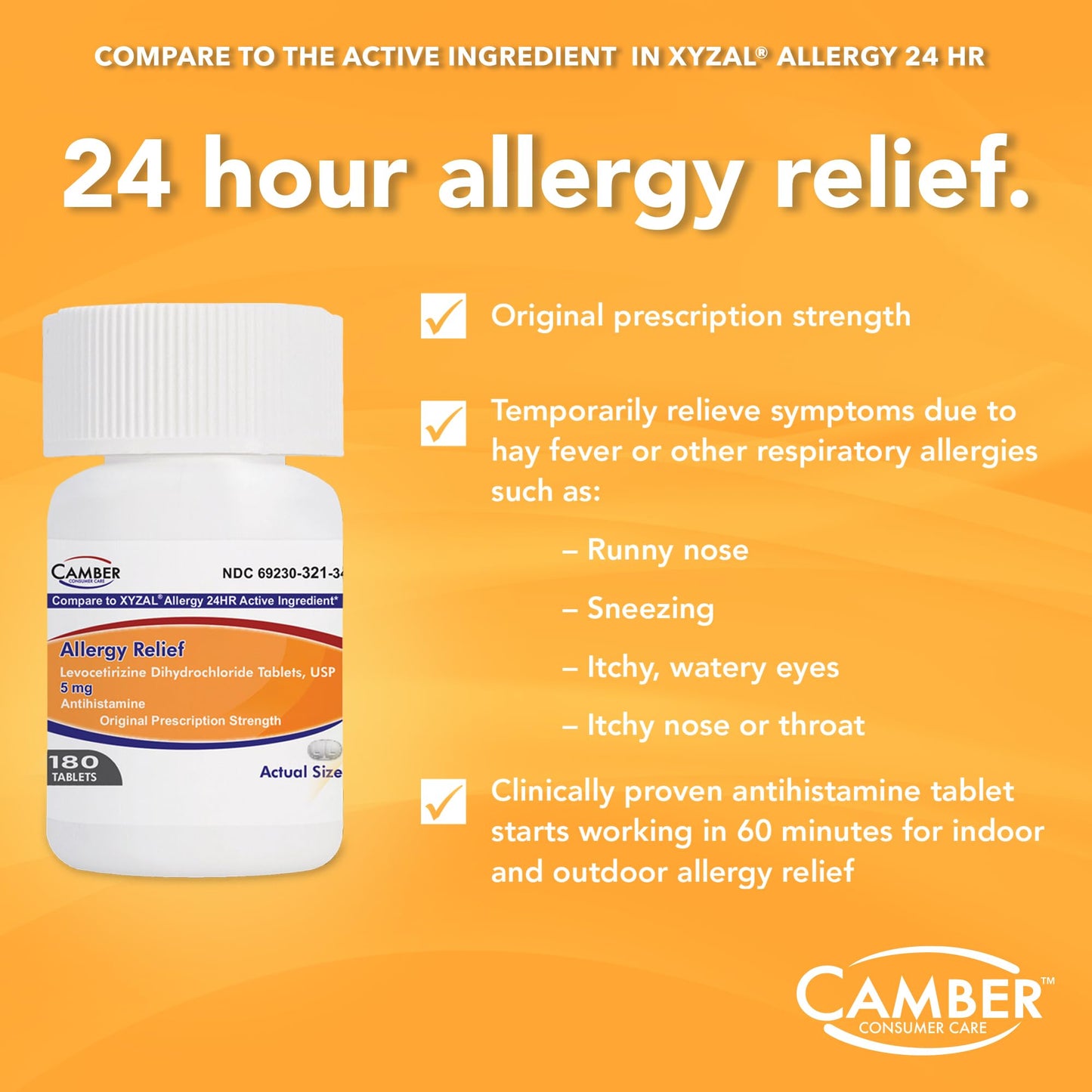 Camber Consumer Care Levocetirizine Dihydrochloride 5mg Tablets – 24-Hour Allergy Relief (80 Count) Compare to Xyzal