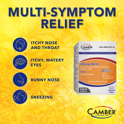 Camber Consumer Care Levocetirizine Dihydrochloride 5mg Tablets – 24-Hour Allergy Relief (80 Count) Compare to Xyzal