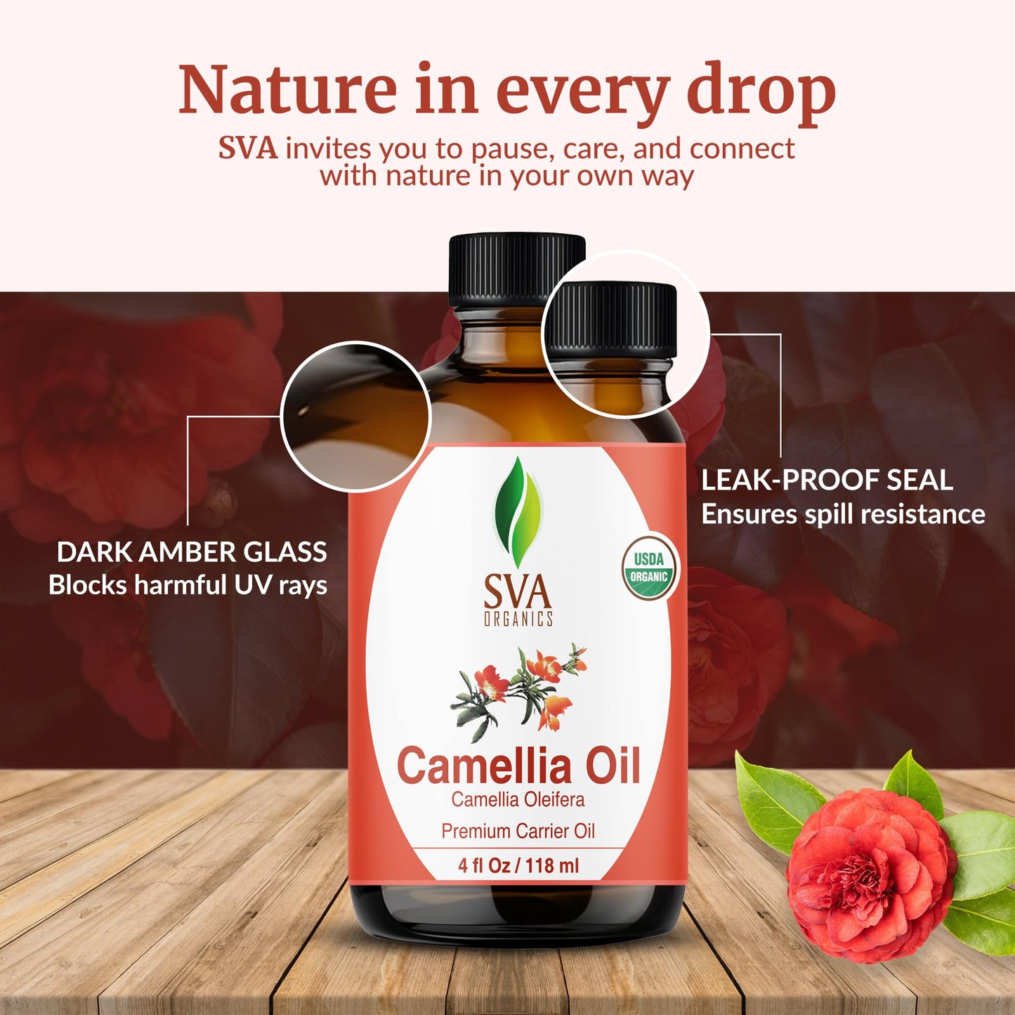 SVA Camellia Seed Oil Organic – Cold-Pressed Carrier Oil, 4 Fl Oz with Dropper