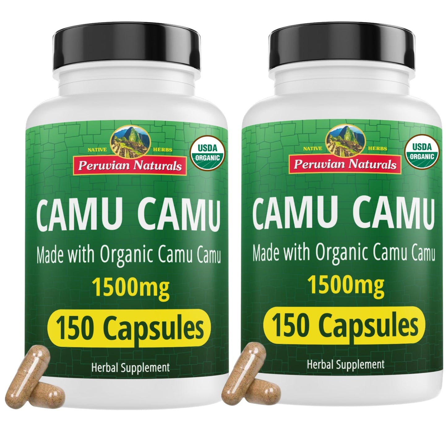 Peruvian Naturals Organic Vitamin C from Camu Camu Capsules 1,500mg - 300 Vegan Pills, Natural Vitamin C from Whole Food Camu Berry Organic, Non-GMO