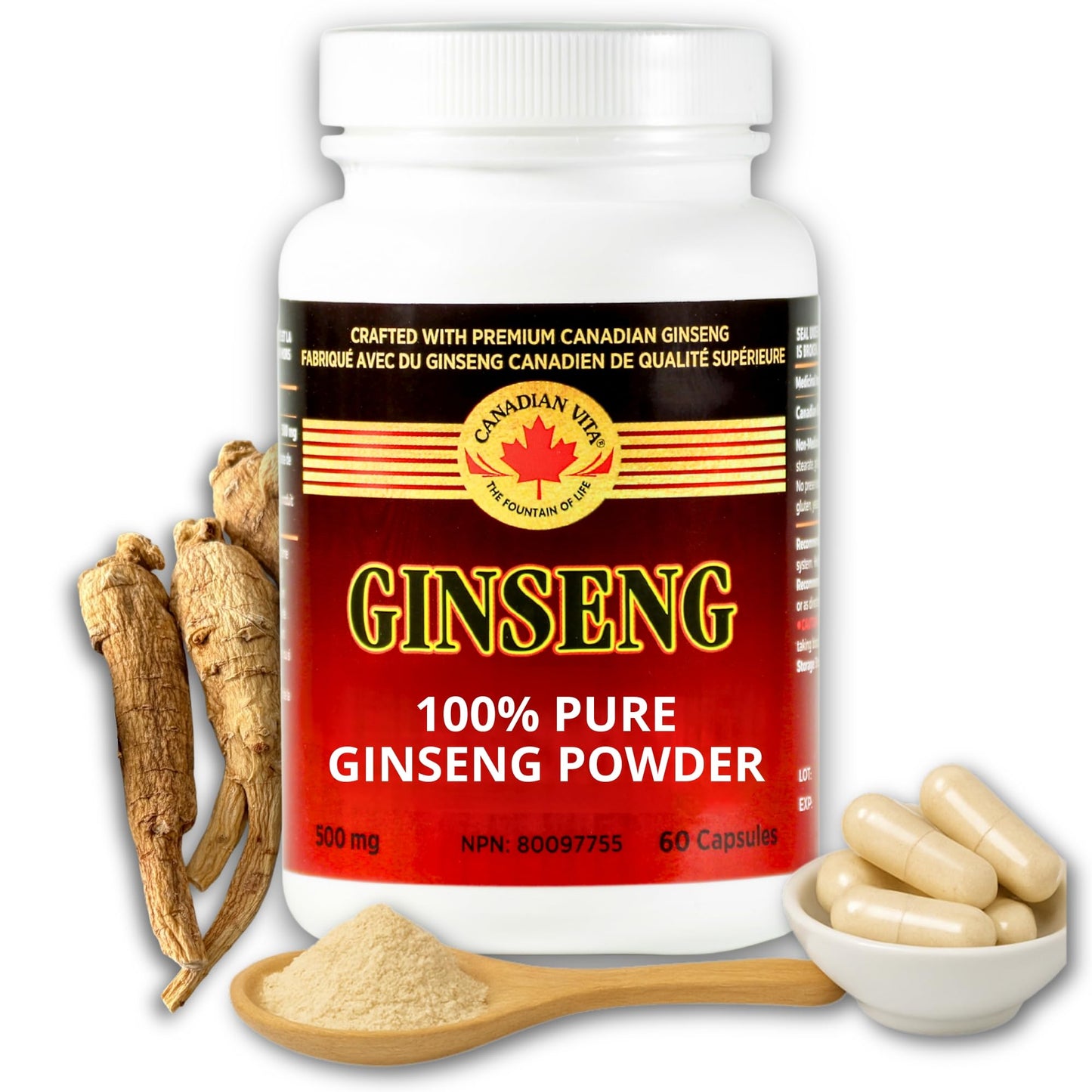 Canadian Vita Ginseng Root Powder Capsules 500mg – Focus & Energy