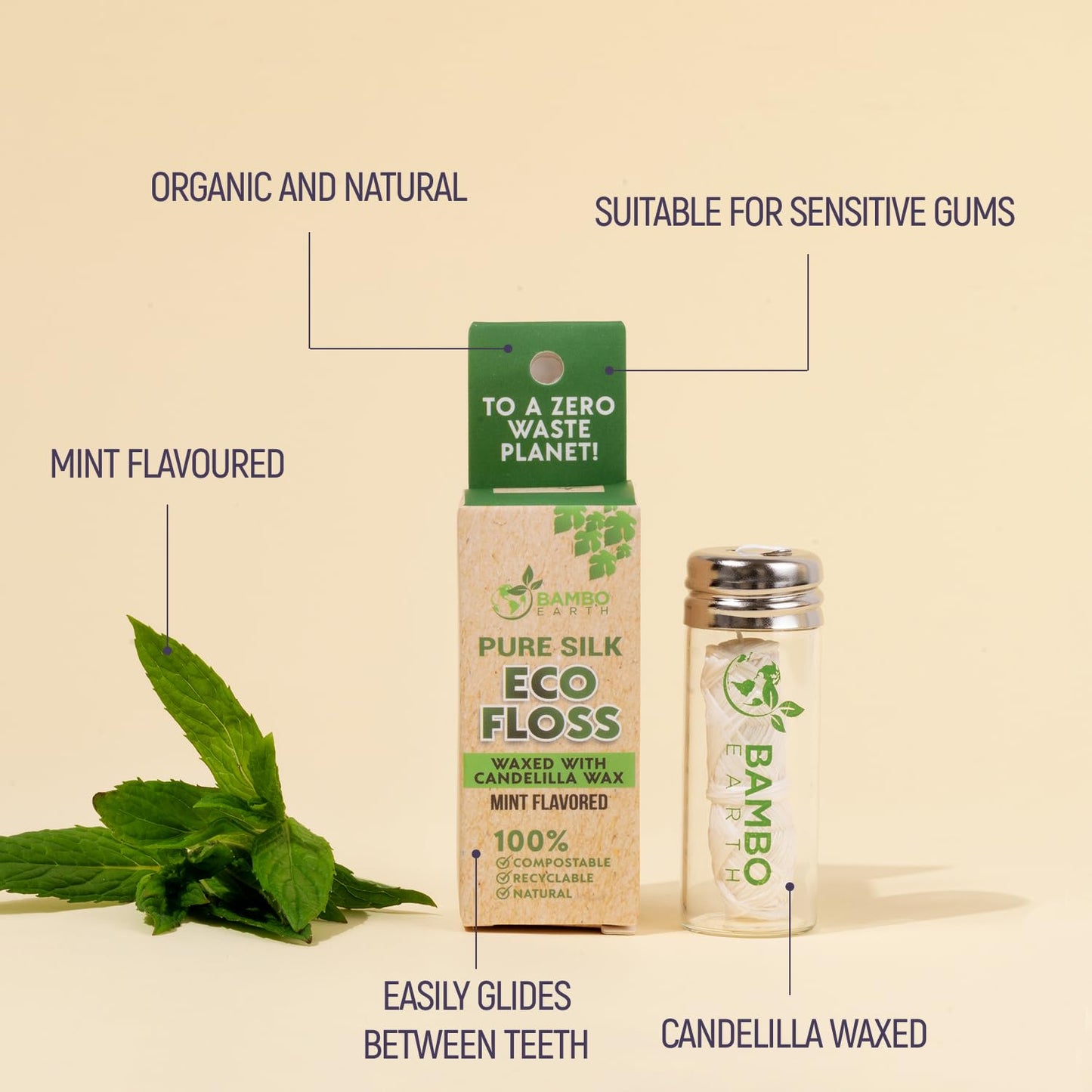 Biodegradable Mint Dental Floss with Refillable Glass Holder – 100% Organic, Compostable, Zero Waste Packaging