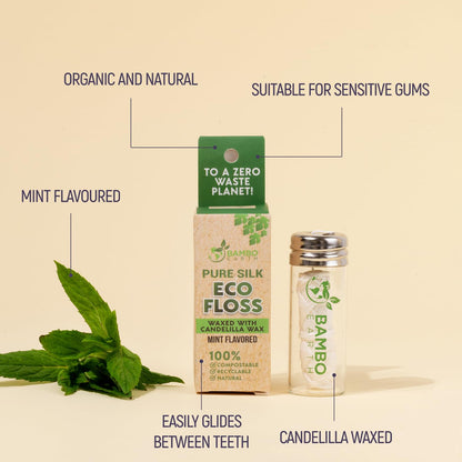 Biodegradable Mint Dental Floss with Refillable Glass Holder – 100% Organic, Compostable, Zero Waste Packaging