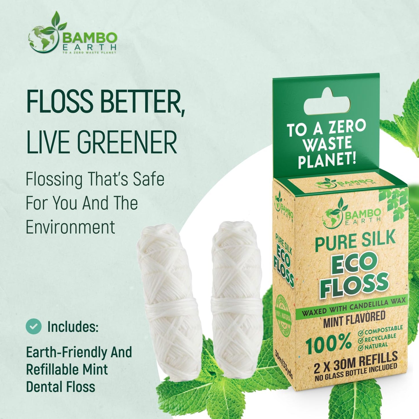 Biodegradable Mint Dental Floss - 2x Refillable, Organic, Zero Waste