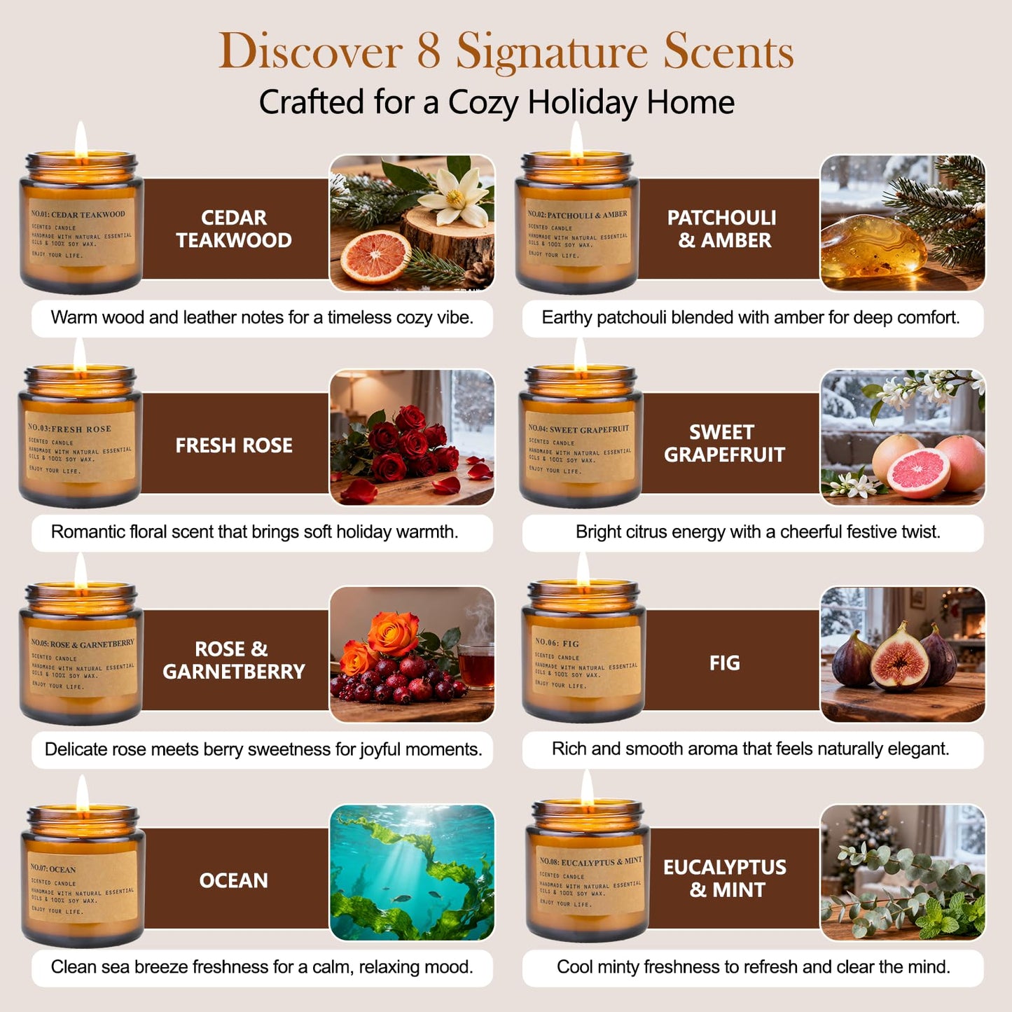 8-Pack Candle Gift Set for Women | Scented Soy Candles in Amber Jars
