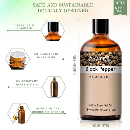Black Pepper Essential Oil 100ml (3.38 fl oz) | PHATOIL Pure Aromatherapy Oil for Diffuser, Humidifier, DIY Soap, Candles, Bath Bombs