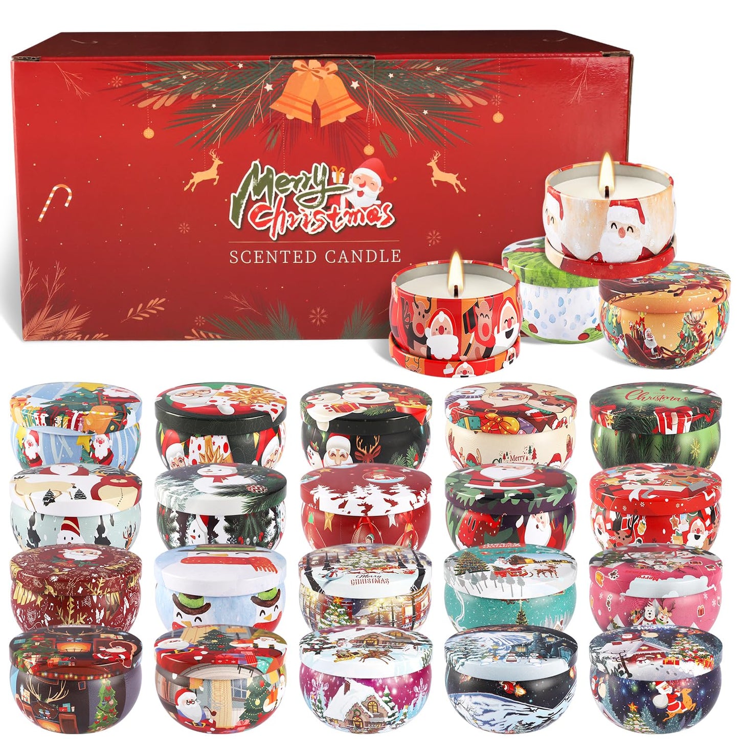 24Pack Christmas Scented Candle Tins Gift Set – Soy Wax, Smokeless, 2.5oz