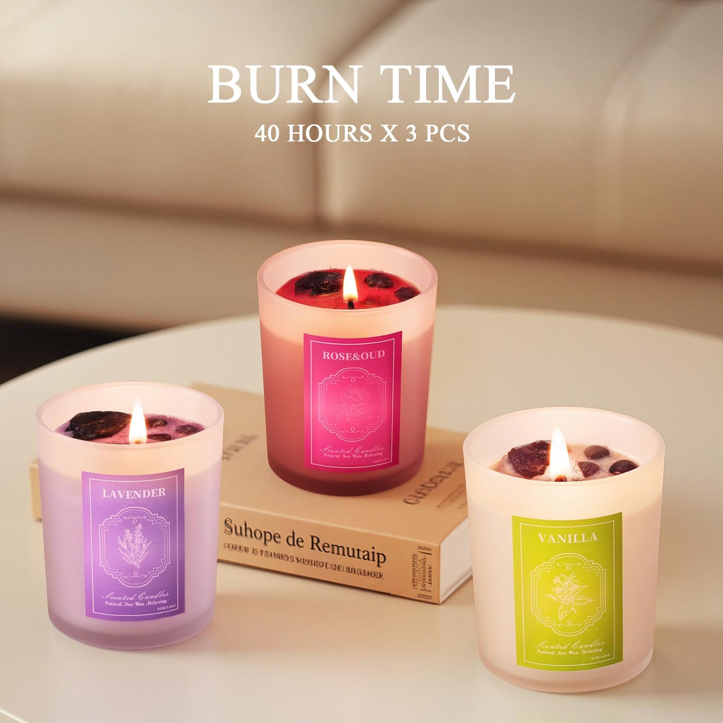 3 Soy Scented Candles for Women – 15 oz Set with Crystals (Lavender/Vanilla/Rose) Aromatherapy