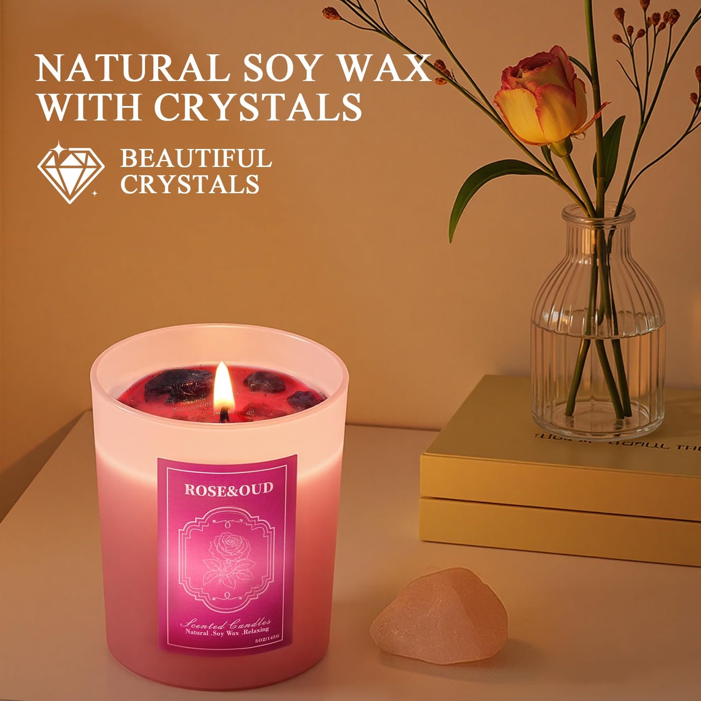 3 Soy Scented Candles for Women – 15 oz Set with Crystals (Lavender/Vanilla/Rose) Aromatherapy