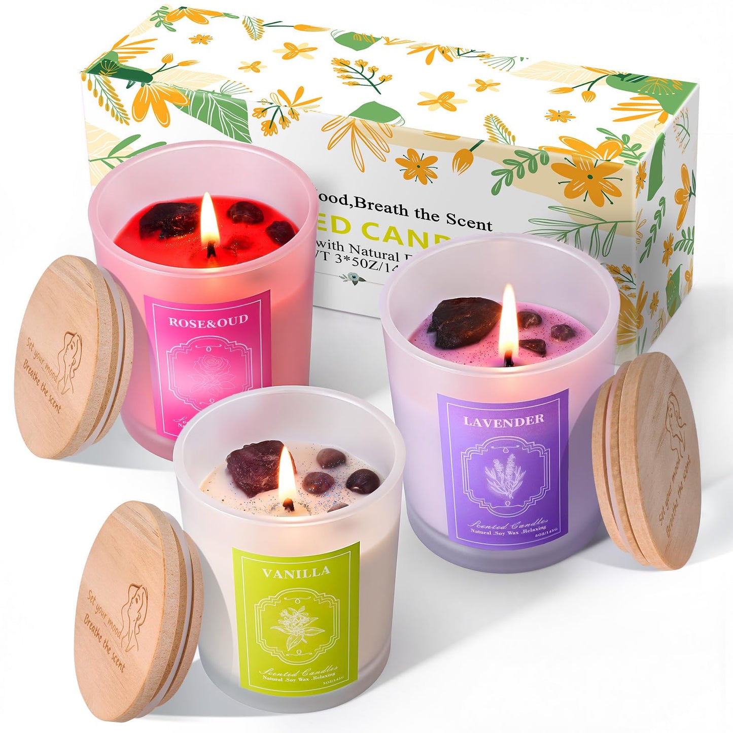 3 Soy Scented Candles for Women – 15 oz Set with Crystals (Lavender/Vanilla/Rose) Aromatherapy