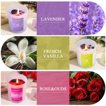 3 Soy Scented Candles for Women – 15 oz Set with Crystals (Lavender/Vanilla/Rose) Aromatherapy