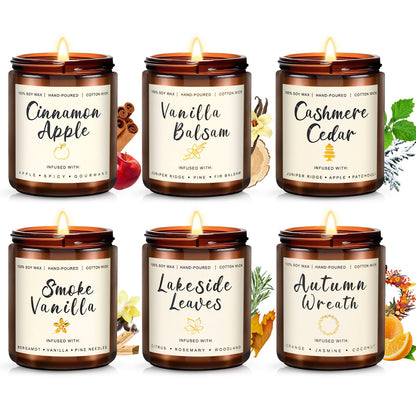6 Pack Fall Scented Candles – 7.1oz Soy Wax, Amber Jar Gift Set