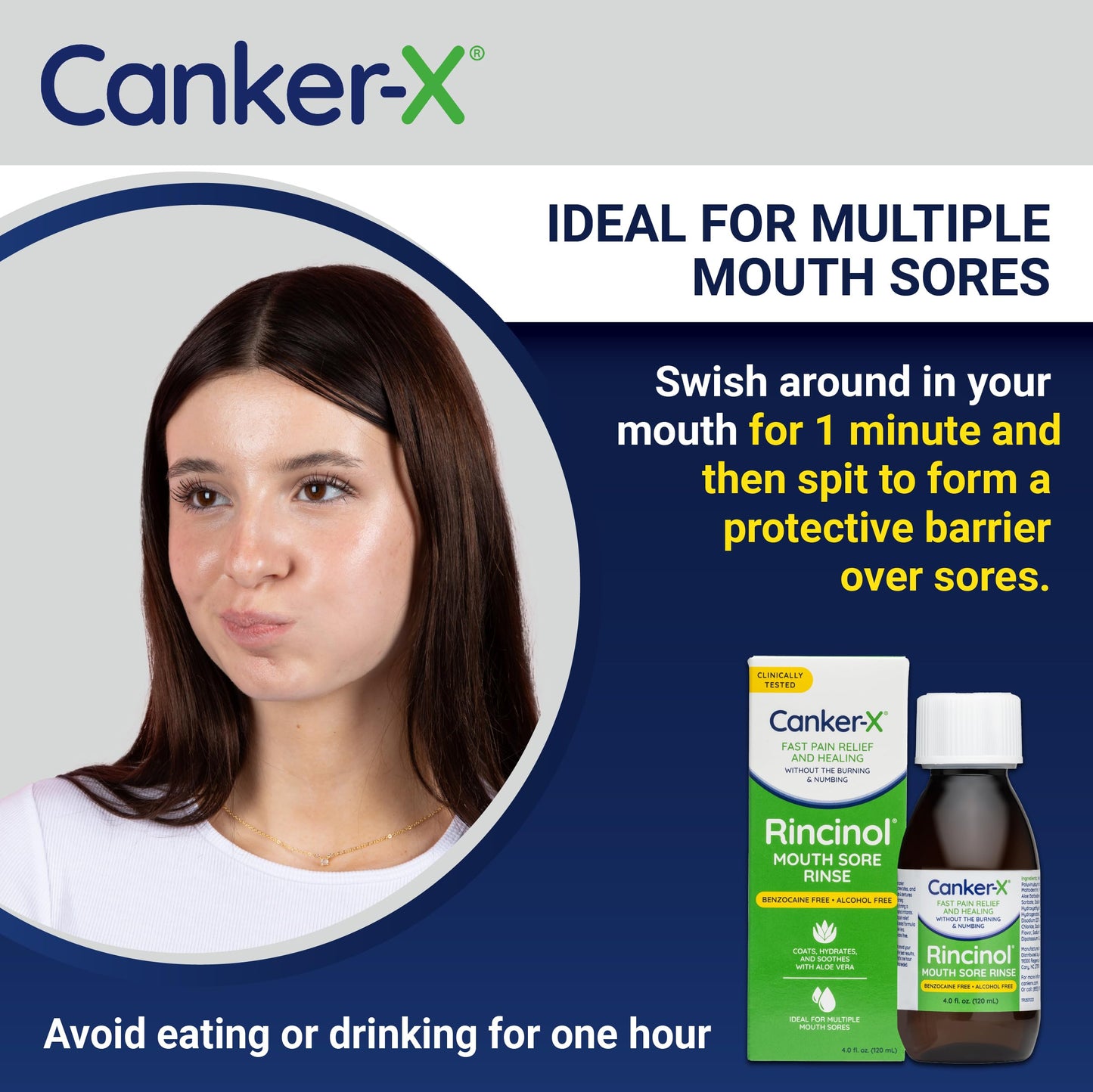 Canker-X Rincinol Oral Rinse Mouthwash – Quick Pain Relief for Canker Sores (Benzocaine Free & Alcohol Free) – 4.0 Fl Oz