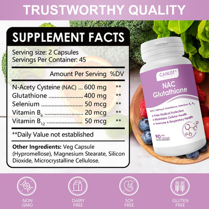 CANLIST NAC Supplement – NAC 600mg + Glutathione 400mg | Liver Health, Detox, 90 Veggie Capsules