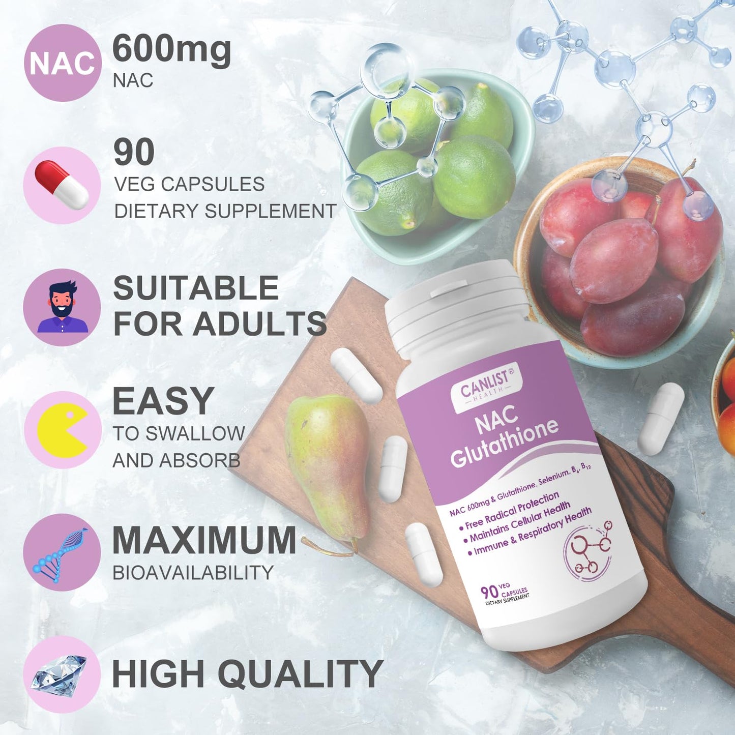CANLIST NAC Supplement – NAC 600mg + Glutathione 400mg | Liver Health, Detox, 90 Veggie Capsules