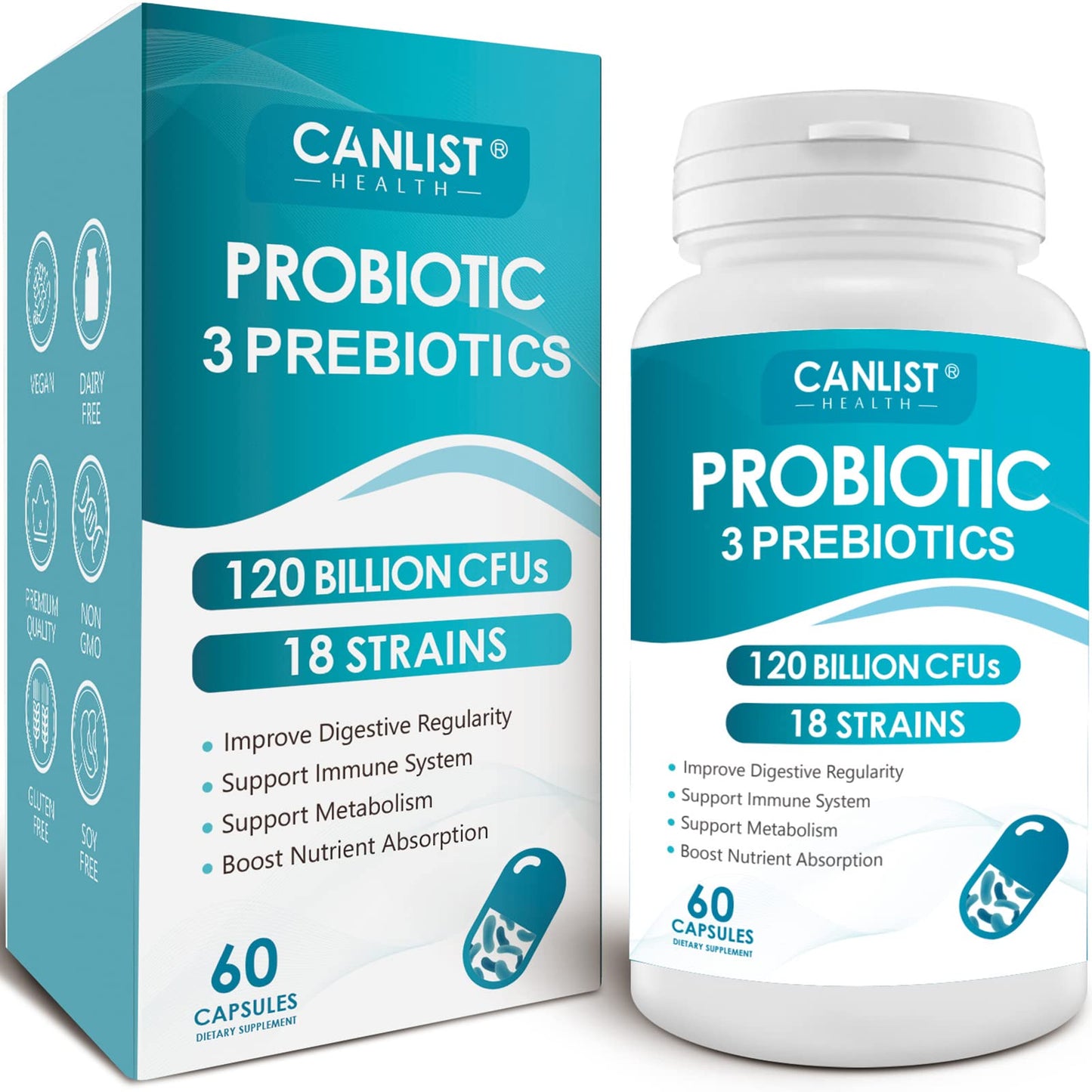 CANLIST Probiotics 120B CFUs – 18 Strains, Prebiotics & Digestive Enzymes – 60 Caps (Non-GMO)