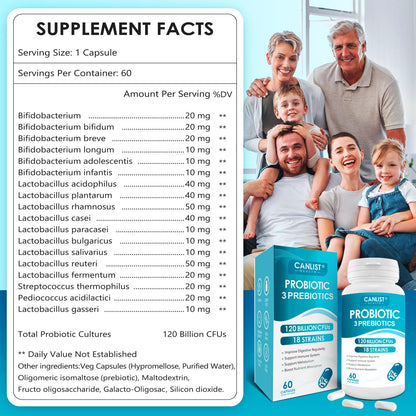 CANLIST Probiotics 120B CFUs – 18 Strains, Prebiotics & Digestive Enzymes – 60 Caps (Non-GMO)
