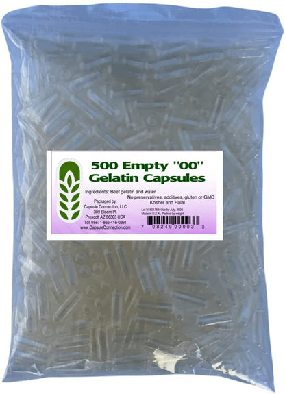 USA-Made 500 Bulk Empty Gelatin Capsules, 00 Size – Capsule Connection, Resealable Bag
