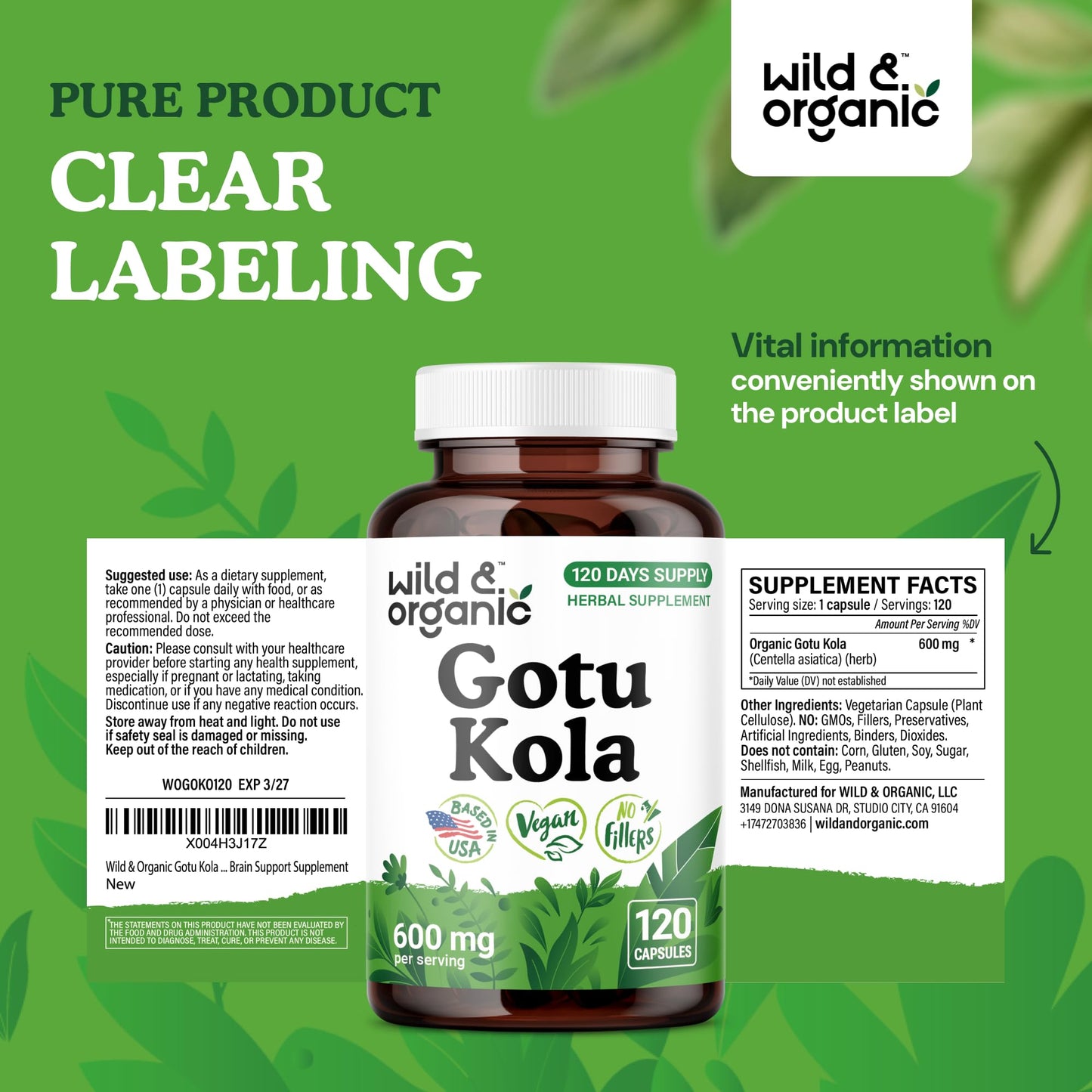 Wild & Organic Gotu Kola Capsules 600 mg – Brain & Focus Support | 120-Count, Vegan, Non-GMO