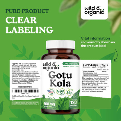 Wild & Organic Gotu Kola Capsules 600 mg – Brain & Focus Support | 120-Count, Vegan, Non-GMO
