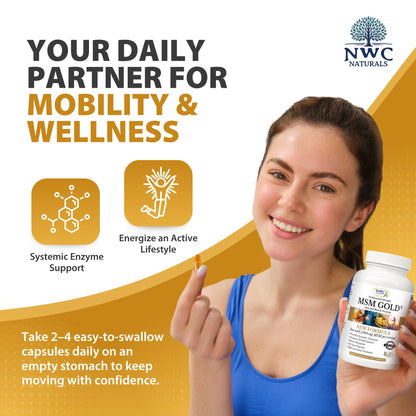 NWC Naturals MSM Gold – Systemic Enzyme + Turmeric, Lycopene & BioPerine for Joint & Muscle Support