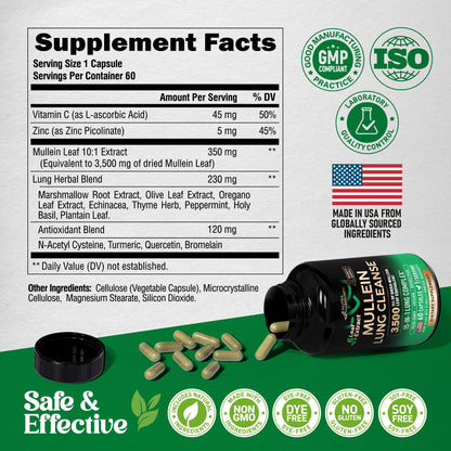 Mullein Leaf Extract for Lung Detox – 15-in-1 Lung Support (USA Made) | Smokers Cleanse