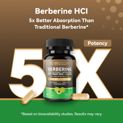 Berberine 1300mg with Green Tea Extract, Resveratrol, Red Yeast Rice & CoQ10 – 13-in-1 Immune & Metabolic Support, 60 Caps, Non-GMO