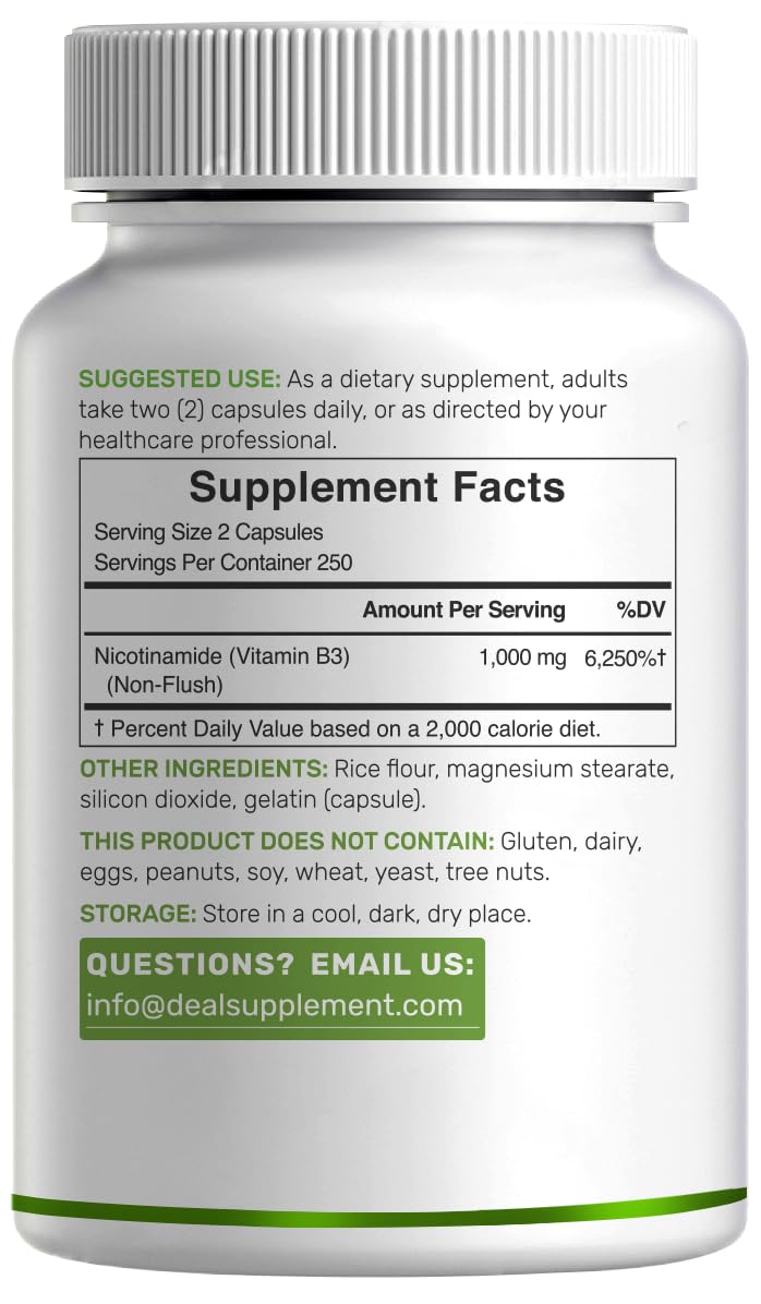 Vitamin B3 Nicotinamide 1,000mg Per Serving – 500 Capsules, Flush Free Niacin, Essential B3 – Supports Healthy Skin & Energy Production – Non-GMO