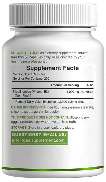 Vitamin B3 Nicotinamide 1,000mg Per Serving – 500 Capsules, Flush Free Niacin, Essential B3 – Supports Healthy Skin & Energy Production – Non-GMO
