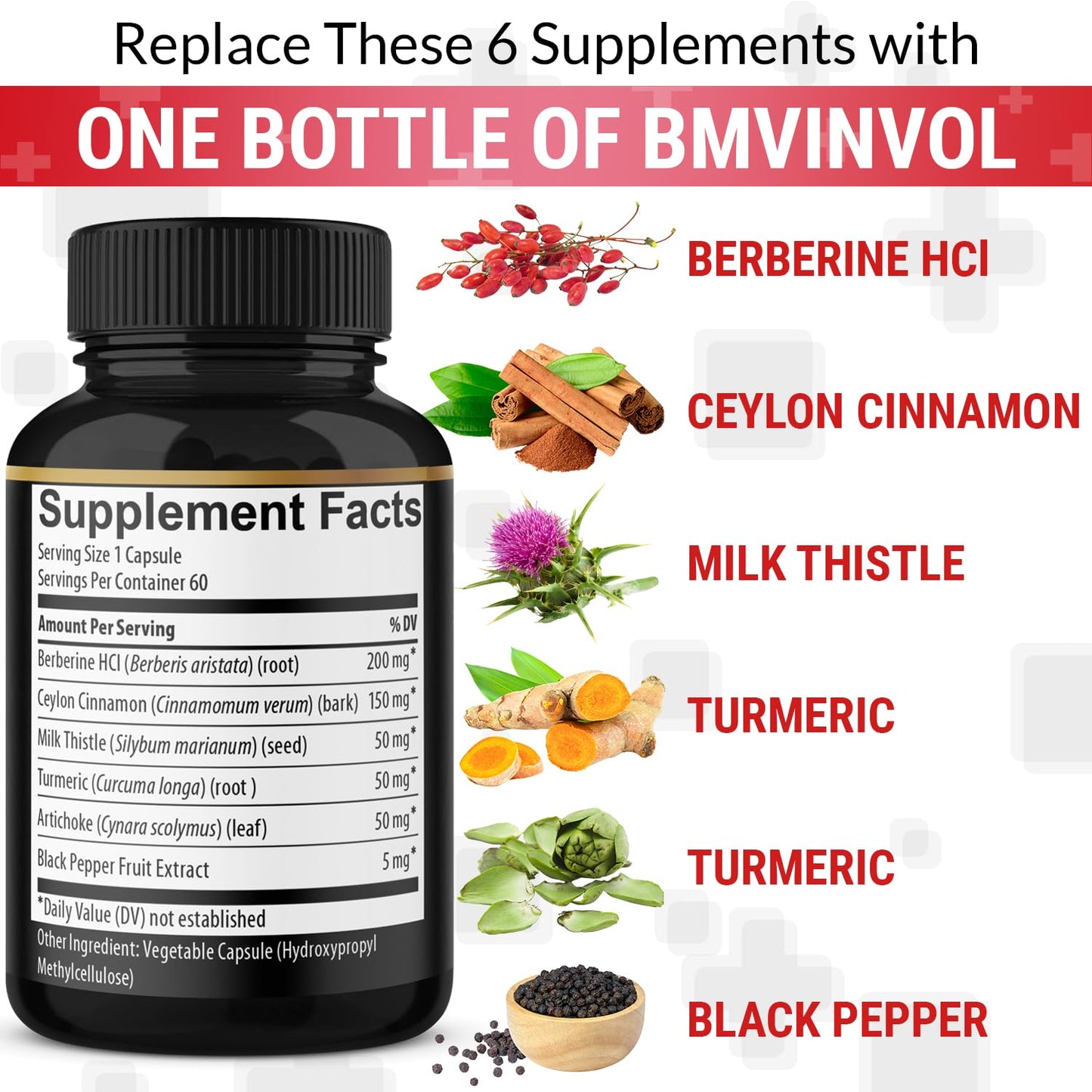 Berberine with Ceylon Cinnamon, Turmeric, Milk Thistle – 120 Capsules, 4 Months