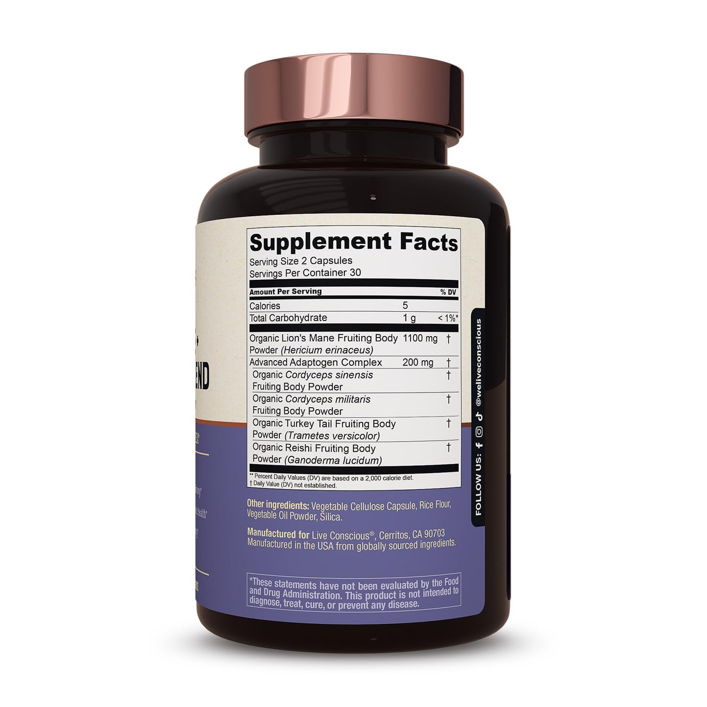 Live Conscious Lions Mane Mushroom Supplement Capsules for Brain Support - Lion's Mane, Cordyceps, Reishi & Turkey Tail
