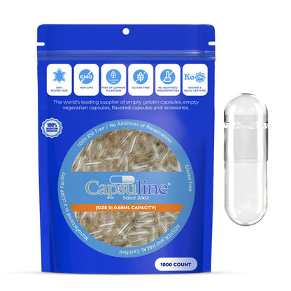 Capsuline Size 0 Empty Gelatin Capsules - 1000 Count | Gluten Free, Kosher, Non-GMO