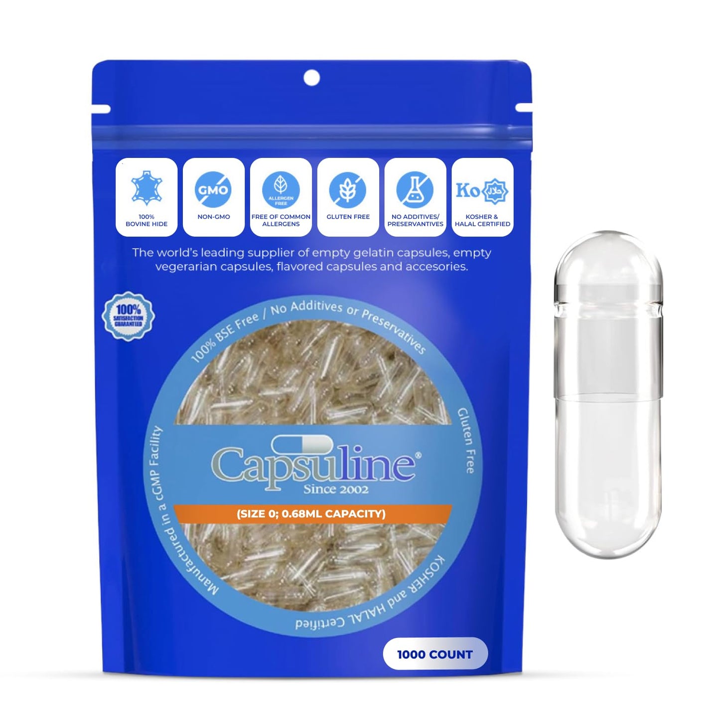 Capsuline Size 0 Empty Gelatin Capsules - 1000 Count | Gluten Free, Kosher, Non-GMO
