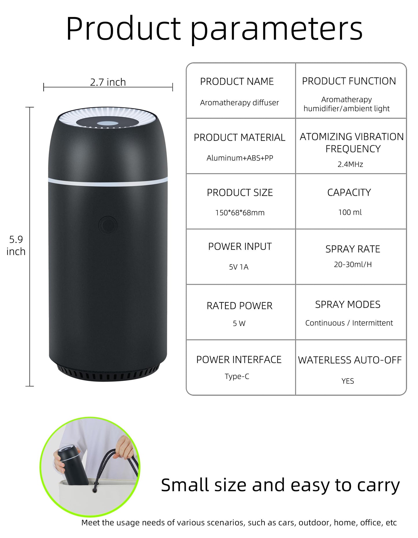 Car Diffuser for Essential Oils - Portable 100ml USB-C Ultrasonic Aromatherapy Diffuser with Colorful Lights (Black)