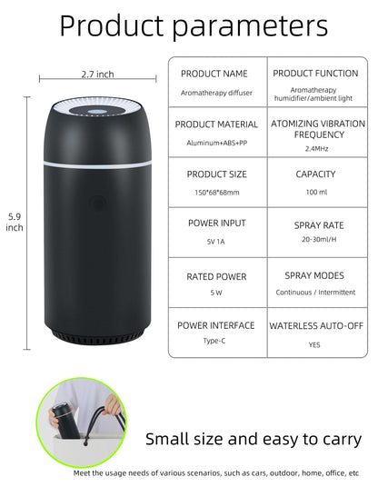 Car Diffuser for Essential Oils - Portable 100ml USB-C Ultrasonic Aromatherapy Diffuser with Colorful Lights (Black)