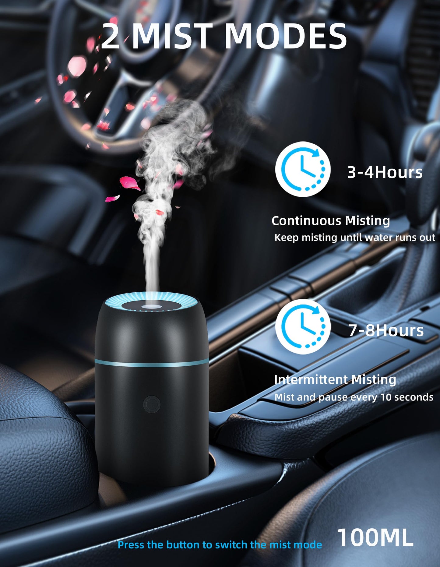 Car Diffuser for Essential Oils - Portable 100ml USB-C Ultrasonic Aromatherapy Diffuser with Colorful Lights (Black)