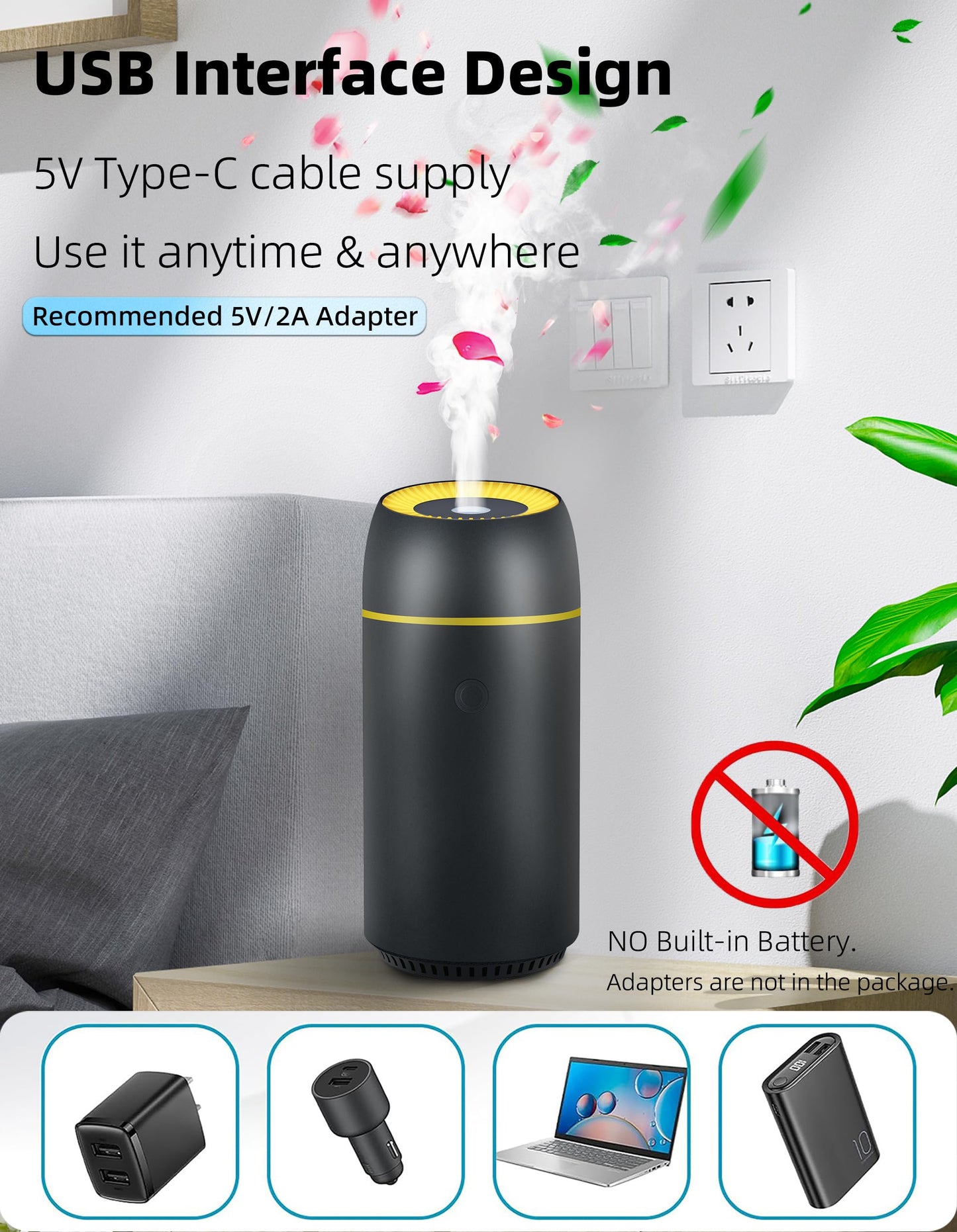 Car Diffuser for Essential Oils - Portable 100ml USB-C Ultrasonic Aromatherapy Diffuser with Colorful Lights (Black)