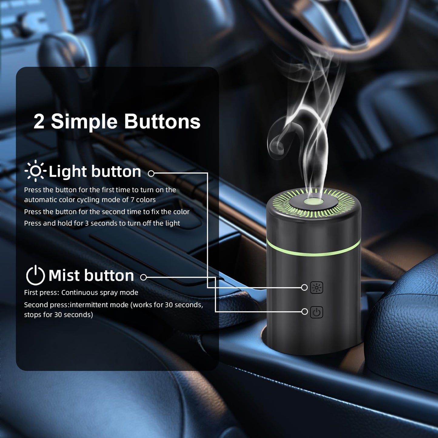 100ML Car Diffuser - Rechargeable Cordless Humidifier with 7 LED Colors (Black)