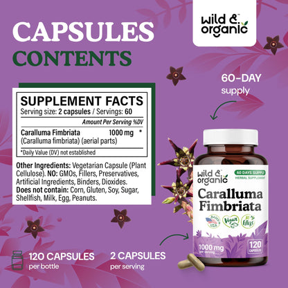 Wild & Organic Caralluma Fimbriata Capsules 1000 mg – Vegan, No Fillers | 120 Count