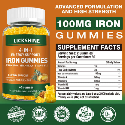 2 Pack Vegan Iron Gummies 100mg – Pineapple Flavor, Vitamin C, A and B – 120 Ct