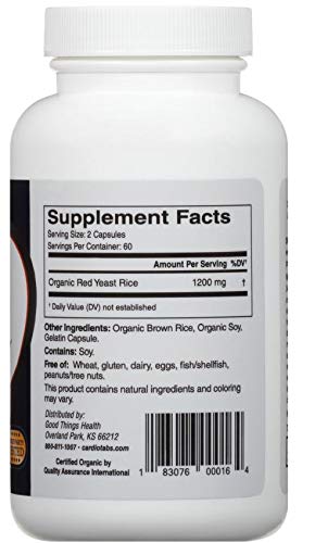Cardiotabs Red Yeast Rice - 1200 mg per serving, 30 Day Supply, Gluten Free, Certified Organic - 100% American Made - 120 Capsules