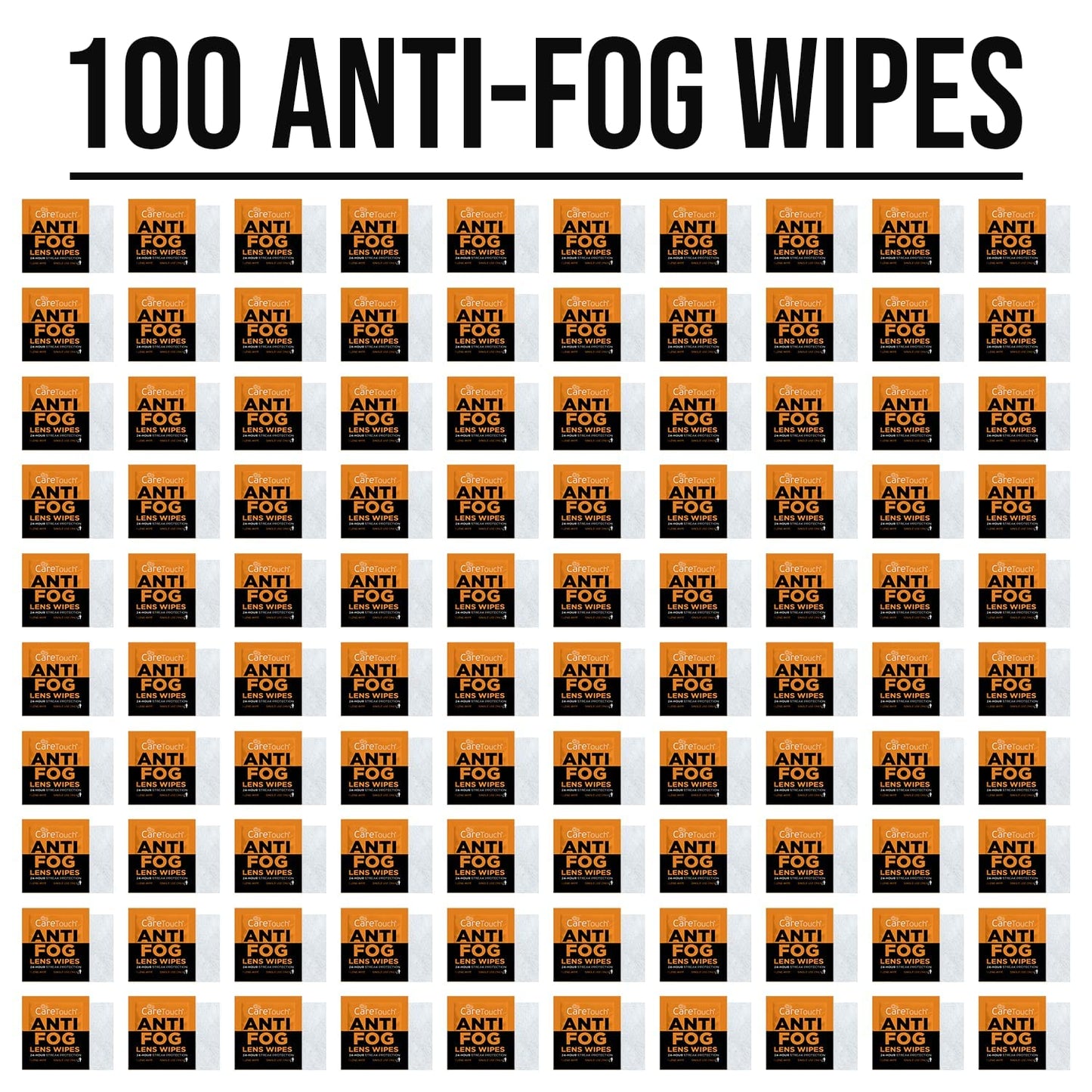 Care Touch Anti-Fog Wipes for Glasses - 100 Individually Wrapped Lenses Wipes