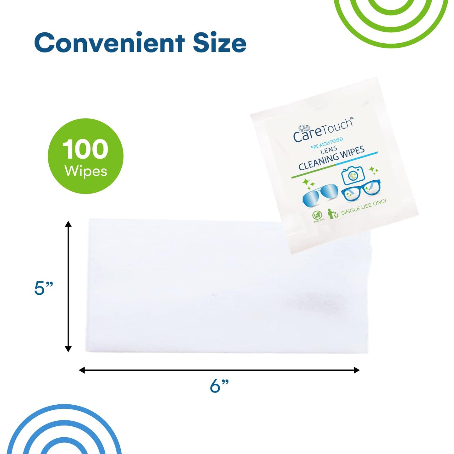 Care Touch Lens Wipes for Eyeglasses – 100 Count, Individually Wrapped, 5 x 6 in | Glasses, Sunglasses & Camera Lens Cleaner