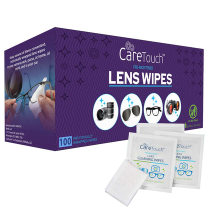 Care Touch Lens Wipes for Eyeglasses – 100 Count, Individually Wrapped, 5 x 6 in | Glasses, Sunglasses & Camera Lens Cleaner
